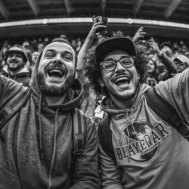 Two fans cheering in the stands at a live event